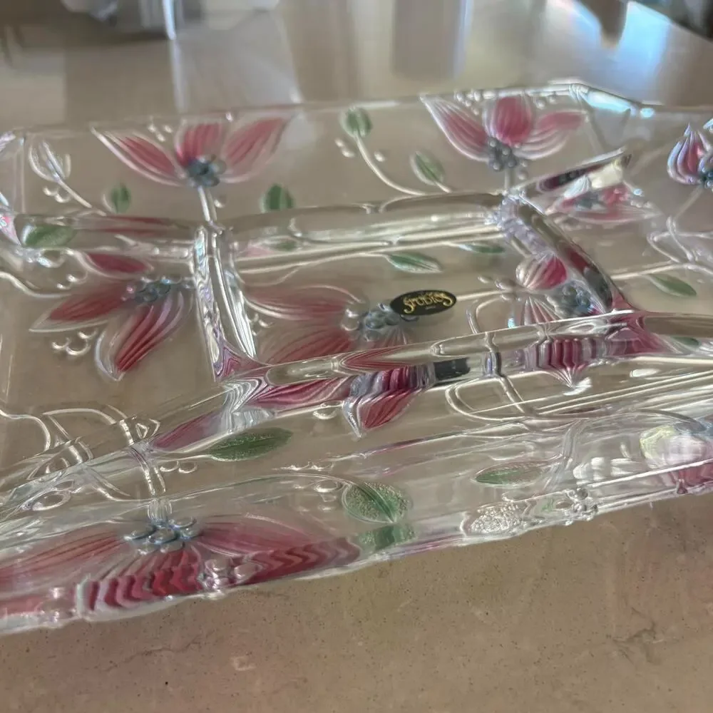 Vintage Crystal Clear Studios Japan Floral Divided Relish Tray Pink Flowers